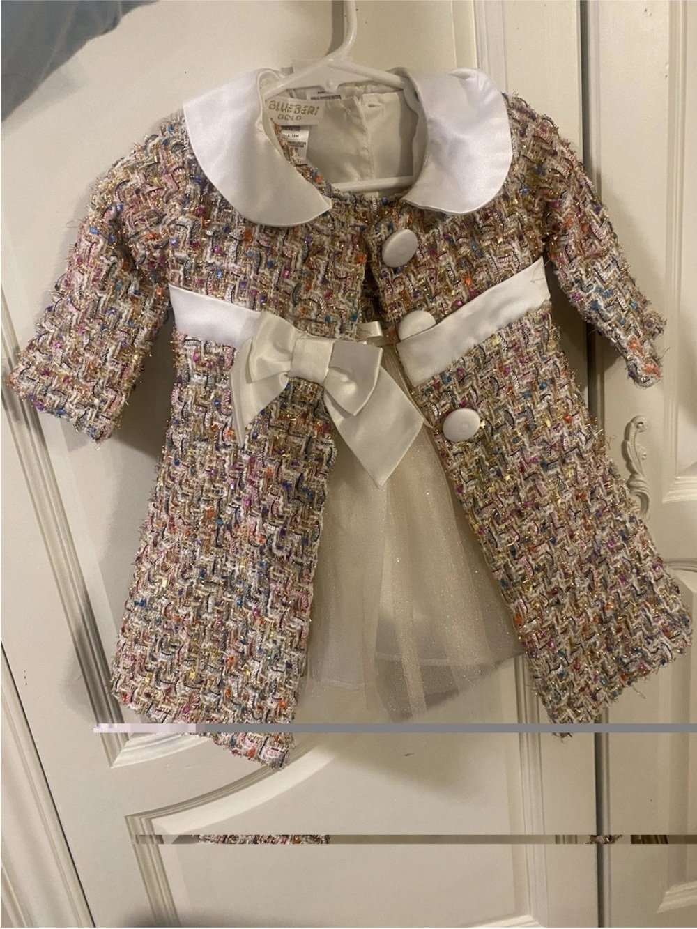 Blueberi Boulevard Girls' Multicolor Tweed Coat with White Satin Bow